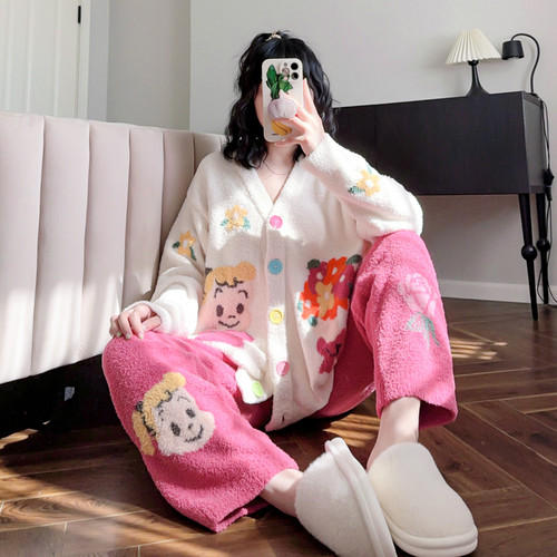半边绒睡衣女秋冬甜美加厚家居服