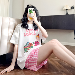 纯棉短袖 套装 可爱女孩睡衣女夏季 格子短裤 日系甜美时尚 家居服薄款