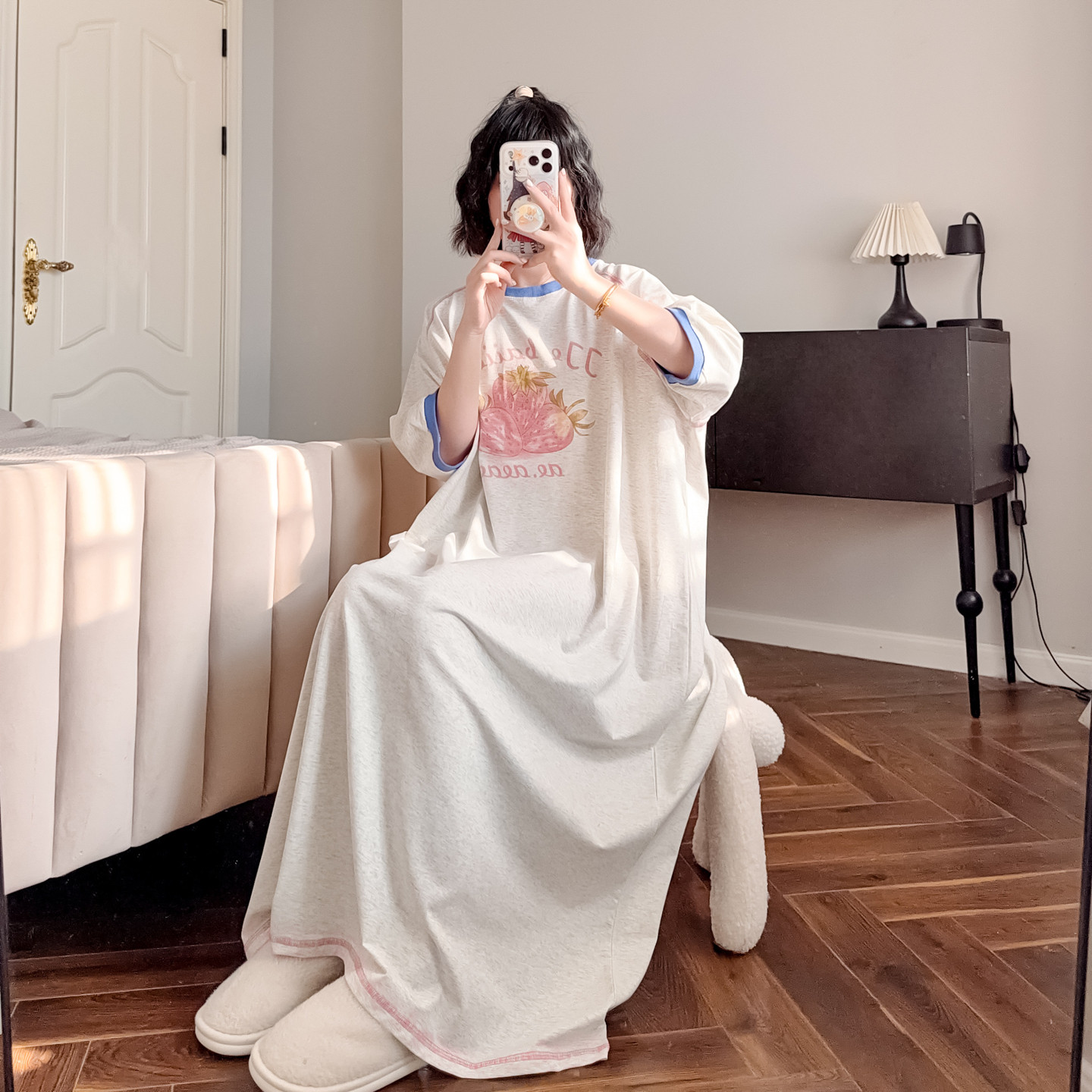 可爱草莓夏季睡裙女纯棉短袖韩系宽松及踝长裙全棉薄款睡衣家居服