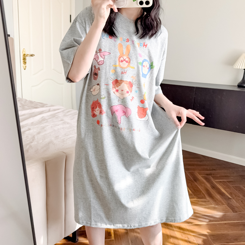 夏季薄款可爱卡通睡裙女短袖纯棉韩系甜美宽松长裙大码孕妇睡衣裙