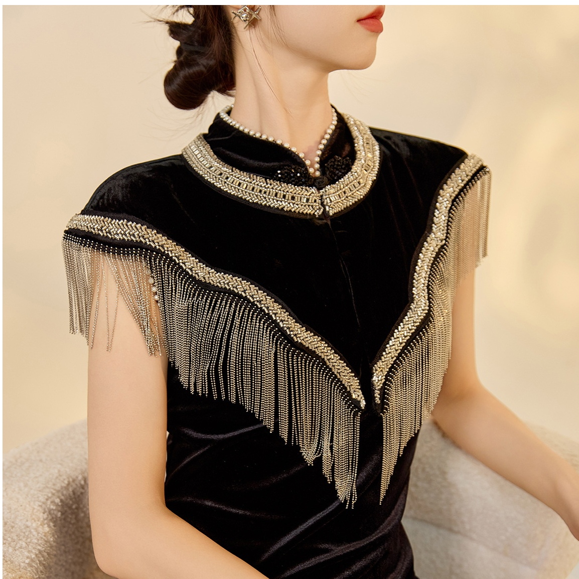 重工钉珠串珠流苏真丝丝绒外披肩女春秋复古旗袍礼服小坎肩桑蚕丝