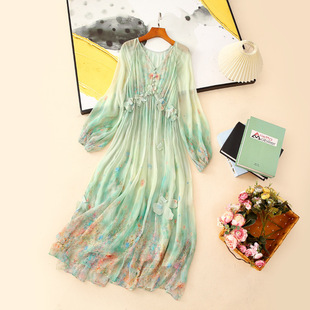 绝美花仙子长袖真丝连衣裙2026春夏立体花瓣度假长裙子100%桑蚕丝
