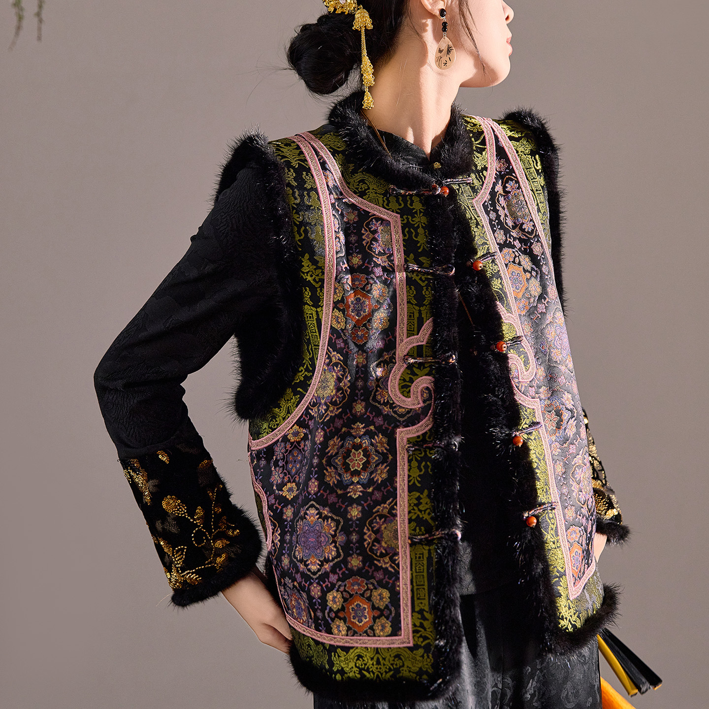 新中式复古提花水貂毛夹棉马甲背心女2025秋冬国风坎肩民族风小袄