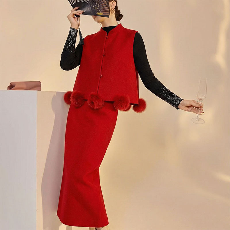 新中式拜年服女狐狸毛球羊毛呢马甲坎肩半裙套装国风马夹背心长裙,女装/女士精品,时尚套装,淘宝优惠券,粉丝福利购,淘宝优惠卷