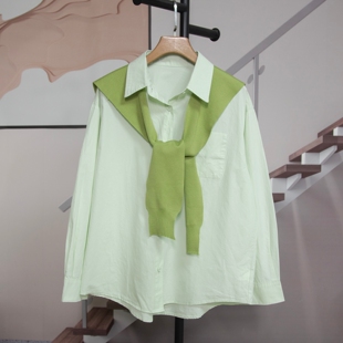 新款 宽松休闲百搭上衣2026春季 2655 女长袖 韩系学院风绿色披肩衬衫