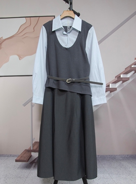 学院风叠穿长袖衬衫半身裙套装女2026春季新款两件套显瘦百搭5769