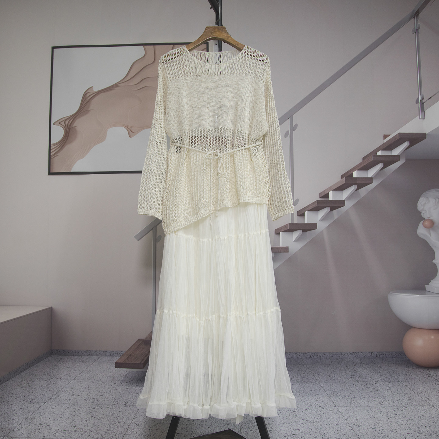 波西米亚风镂空针织罩衫网纱裙半身裙女2026夏季新款两件套26817