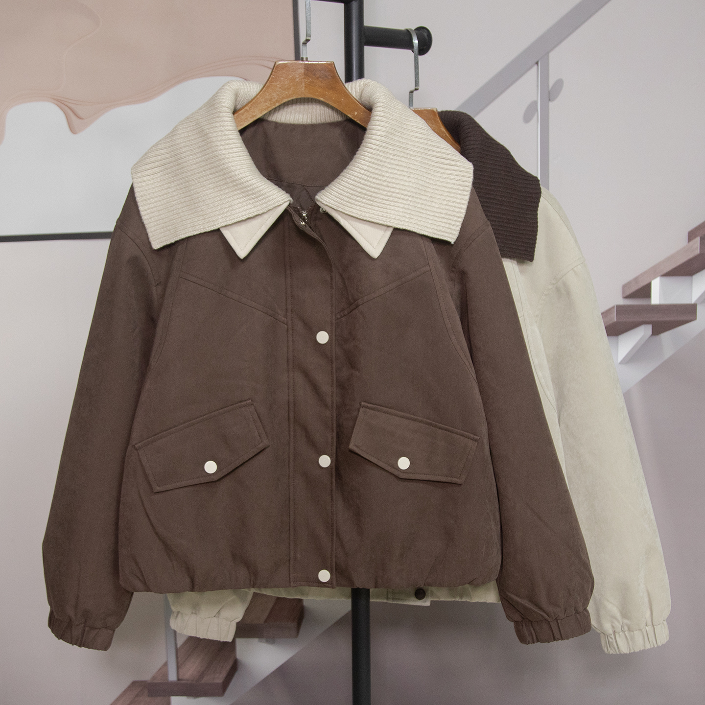 时尚翻领撞色夹棉外套女2025秋冬新款宽松百搭休闲减龄上衣25839