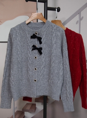 时尚蝴蝶结灰色绞花纹针织开衫女2026春季新款百搭毛衣外套潮3313