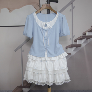 5950 蝴蝶结蕾丝边短裙套装 甜美短袖 T恤蛋糕裙两件套女2026夏新款