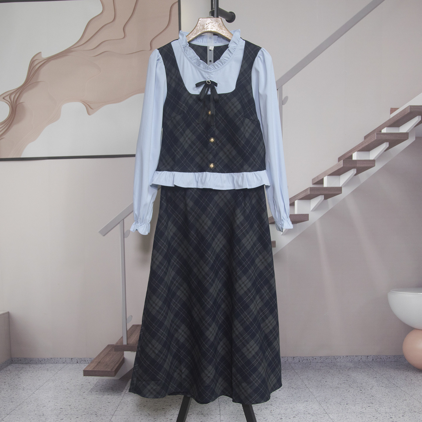 木耳边格子拼色衬衫半身裙套装女2026秋季新款小香风两件套潮2538