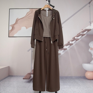 百搭套装 时尚 新款 三件套女2025秋季 潮7055 连帽卫衣外套背心阔腿裤