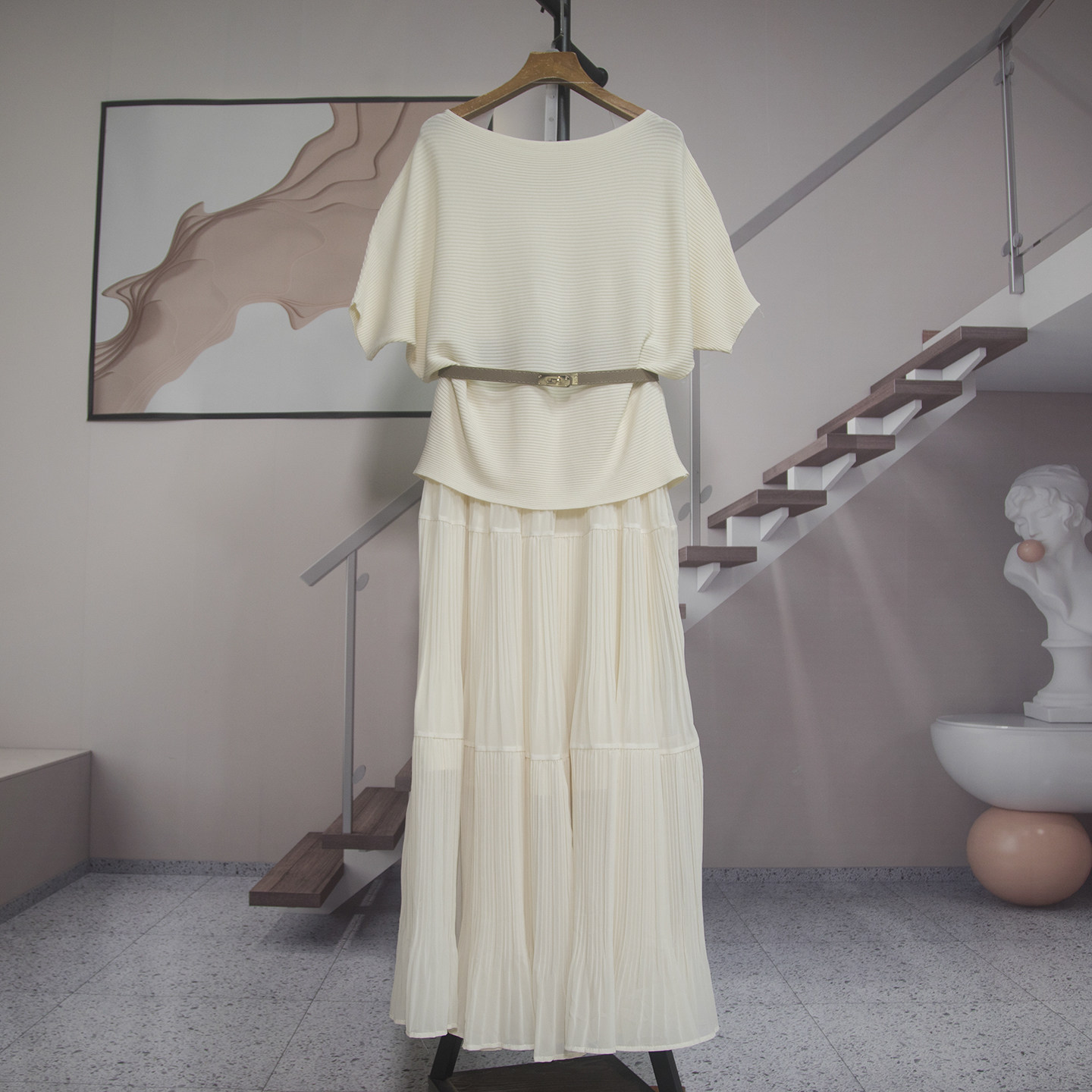 温柔风蝙蝠袖一字领针织短袖纱裙套装女2026夏季长裙两件套潮2610