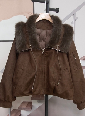 时尚复古双毛领仿麂皮棉衣女2025冬季新款夹克短款外套百搭潮6259