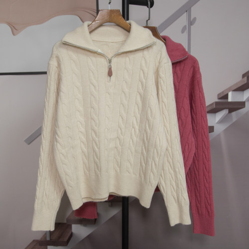 时尚翻领半拉链麻花针织衫