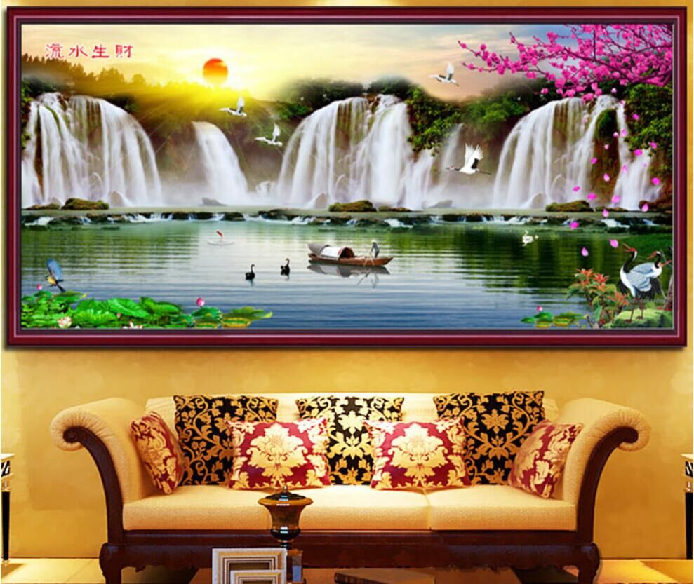 绣好纯手工十字绣成品流水生财蒸蒸日上旭日东升风景大画客厅山水