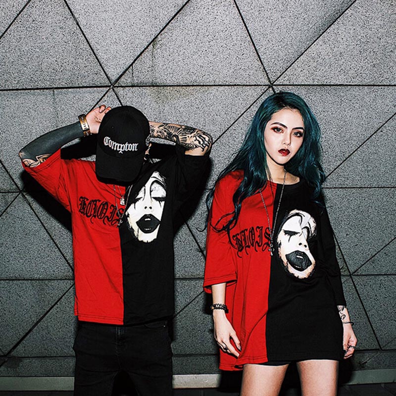 Official website figure 2021 NEW Embroidered Black and red splicing clown short sleeve embroidered color contrast men's and women's loose T-shirt