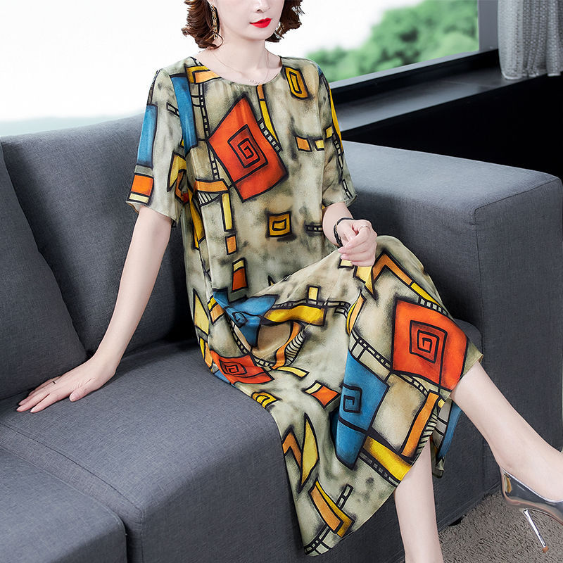 2021 new summer ice silk dress for middle-aged and old women