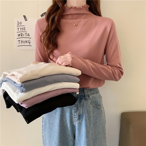 Real video half high collar bottomed shirt women's inner layer with spring and autumn thin velvet fungus edge top middle collar Long Sleeve Shirt