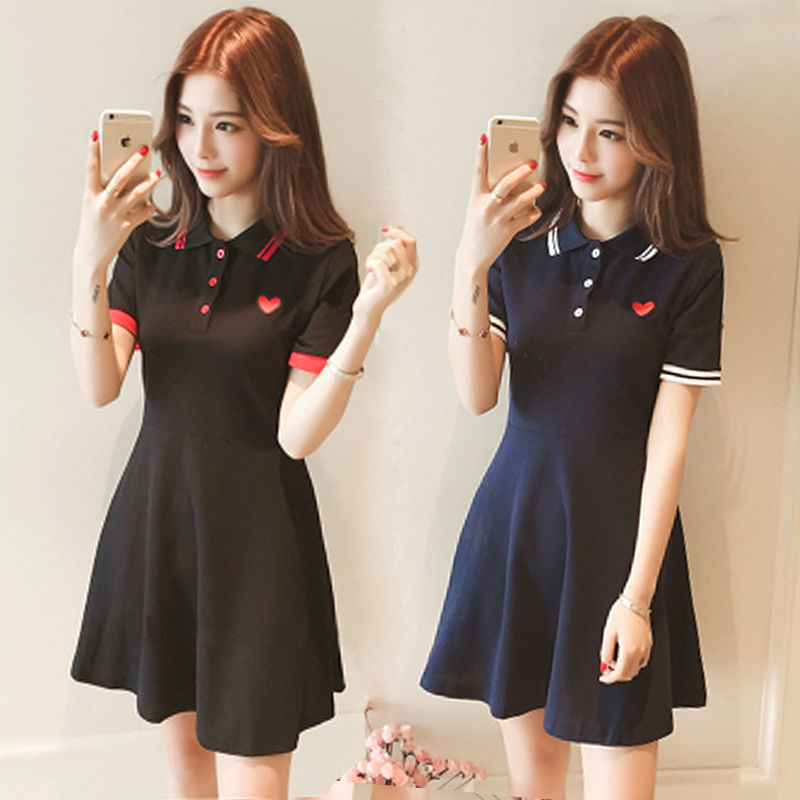 Skirt summer women's new Korean love embroidery T-shirt dress women's Polo Shirt loose bottomed A-line small black skirt