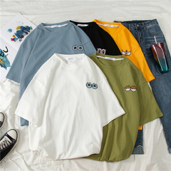 Avocado green T-shirt short sleeve new loose eyes embroidery Hong Kong Style