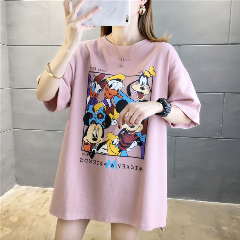 Real shot Pullover cotton Donald Duck printed short sleeve t-shirt female cartoon Mickey medium length