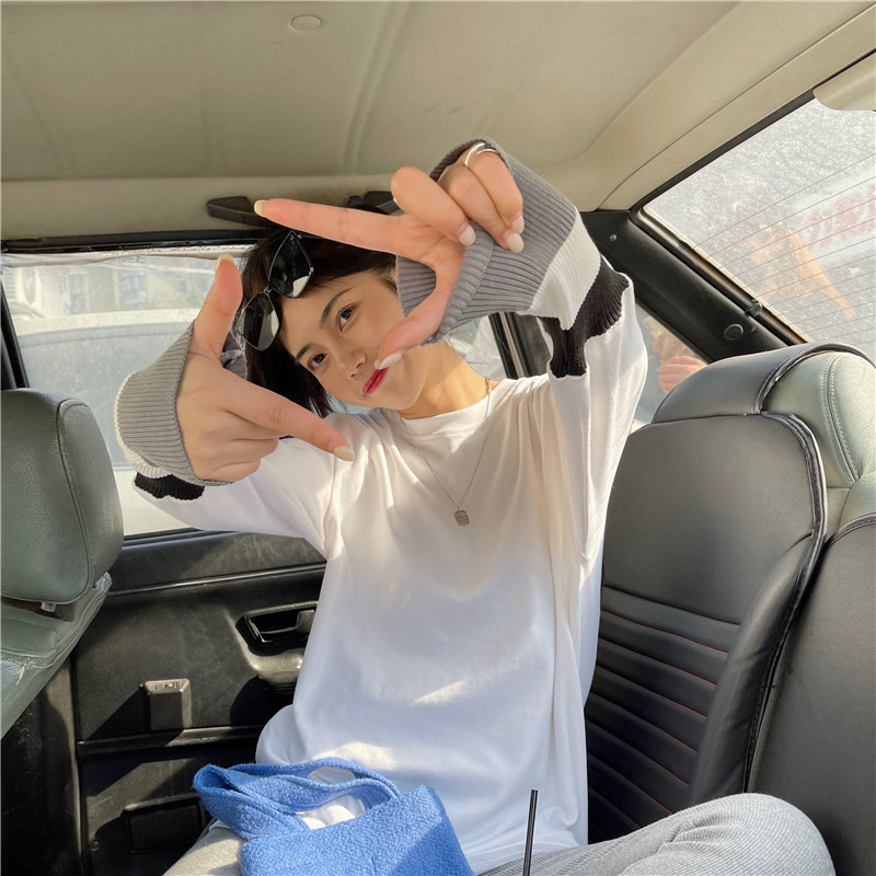 Real shot pure cotton white T-shirt women's autumn winter 2020 knitted sleeve splicing sleeve