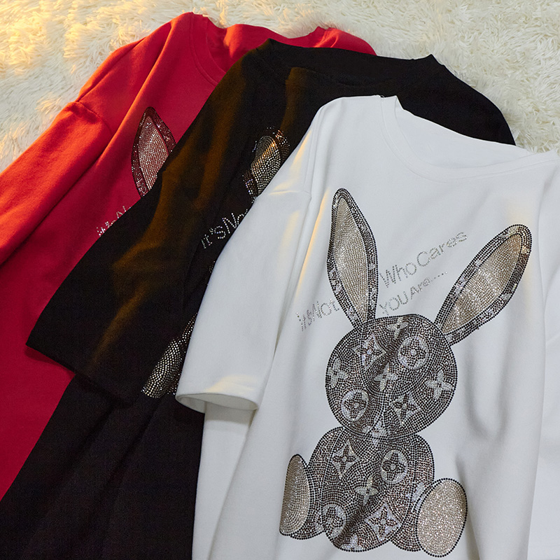 Thickened large women's 2021 summer heavy industry hot drilling short sleeve T-shirt