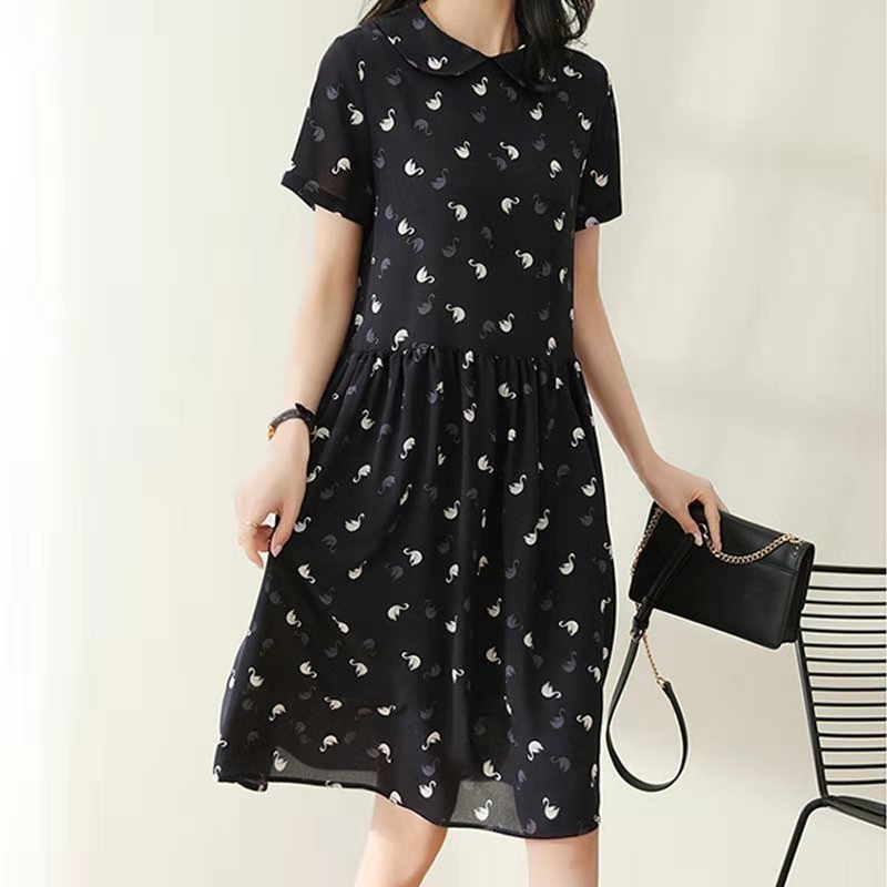 2021 summer new student cute age reduction Swan print dress loose Korean baby collar short sleeve skirt