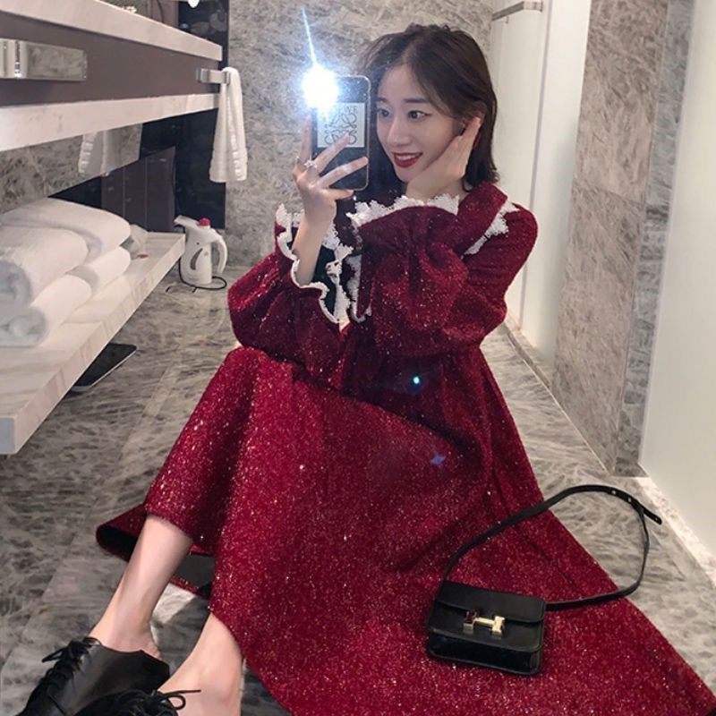 Long red scattered piece Navy collar dress 2020 new Korean version loose waist show thin skirt over the knee