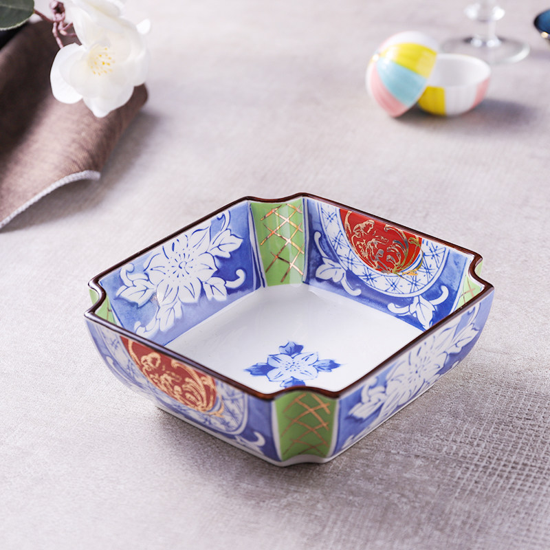 创意料理餐具日式贴花四方切角碗出口陶瓷碗复古日料沙拉碗刺身碗