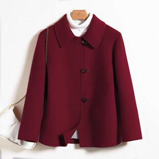 安哥拉红新款秋冬短款羊毛双面大衣牛角呢子毛呢外套妈妈装小个子