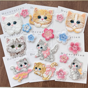 25卡通刺绣萌宠猫咪樱花胸针少女心可爱包包服饰装 饰布艺别针徽章