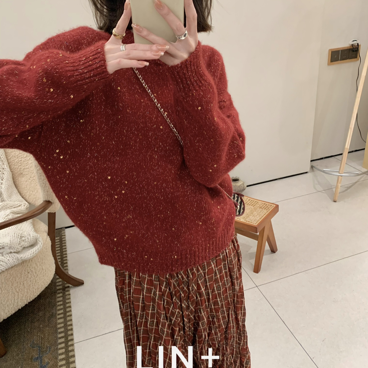 冬上新～彩点温柔高配珠片浣熊套头圣诞保暖毛衣（含15.8绵羊毛）