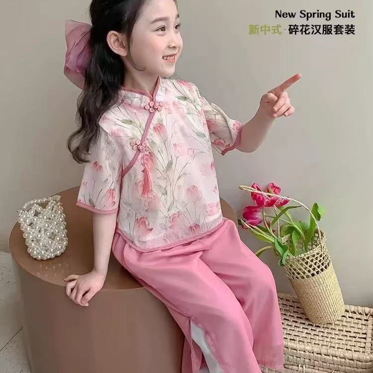 儿童新中式汉服夏装女童国风套装新款宝宝洋气短袖唐装两件套