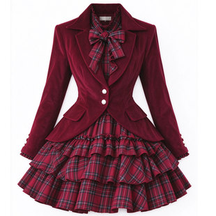 酒红色lolita裙子秋冬款连衣裙a字裙复古叠穿连衣裙西服套装裙