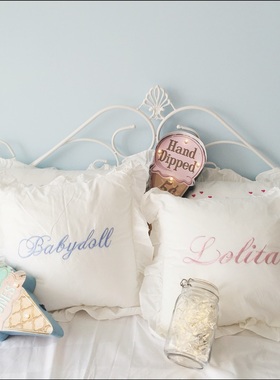 少女蓝色字母花边靠垫套不含芯单个靠枕套简约可爱风格绣花字母