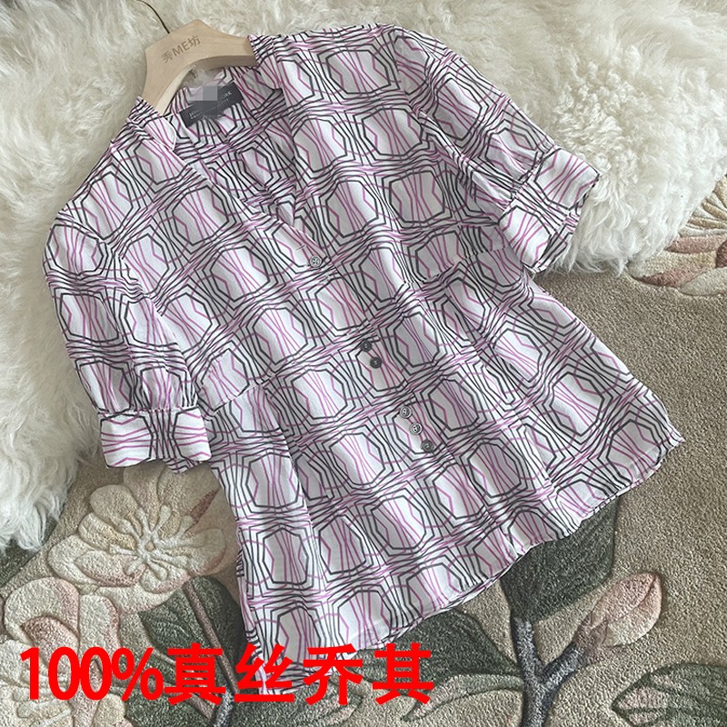 立领大牌真丝衬衫女士2025夏新款胖MM中袖小衫几何印花桑蚕丝上衣