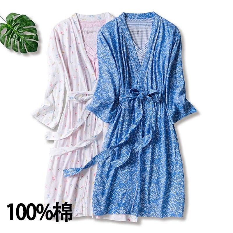 睡衣纯棉印花浴袍v领长袖家居服