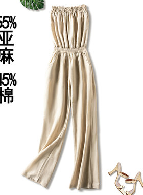 连身裤超细亚麻性感夏季休闲阔腿