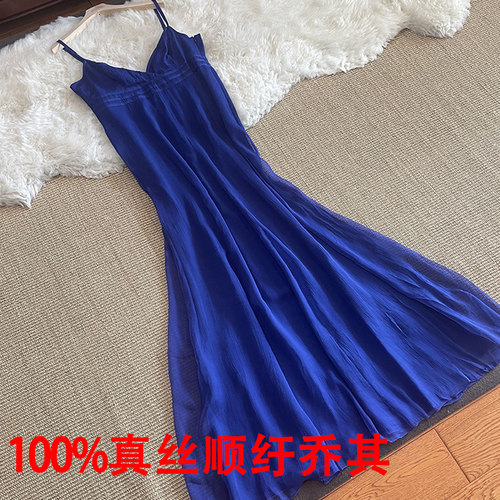 拖地礼服真丝顺纡乔其吊带连衣裙