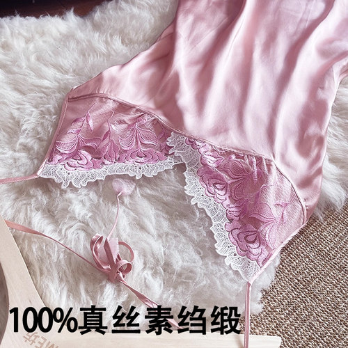 真丝素绉缎吊带睡裙挂脖拼接蕾丝