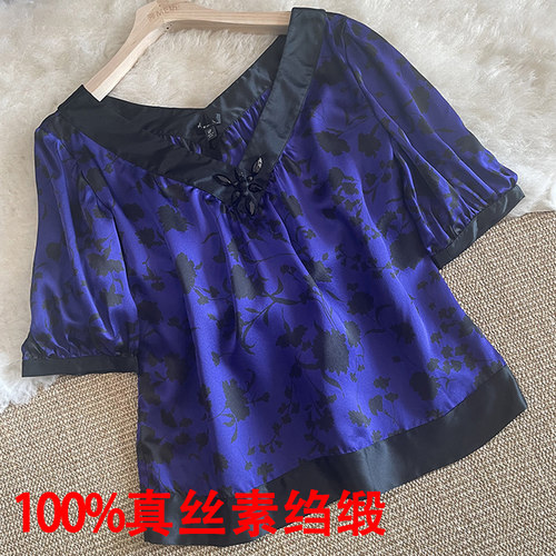 真丝素绉缎面衬衫拼色V领T恤胖MM