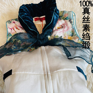 棉服女秋冬季 缎面桑蚕丝马甲外套女手绘印花盘扣加棉外搭马夹 中式