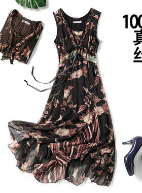 外贸真丝连衣裙鱼尾裙不规则背心