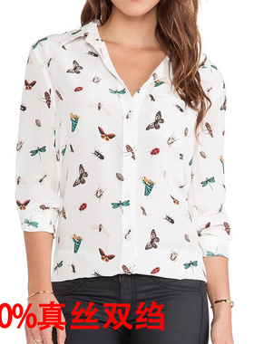EQ桑蚕丝衬衣女修身潮双绉真丝昆虫印花长袖衬衫单口袋时尚衬衫女