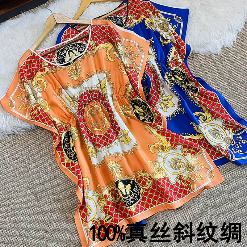 100%真丝连衣裙轻奢高级桑蚕丝宫廷印花宽松收腰蝙蝠袖度假斜纹绸