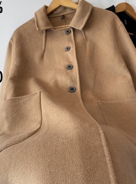 黑色新款双面羊绒大衣女2023春季中长款宽松高端娃娃领羊毛呢外套