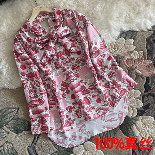 真丝印花衬衫女蝴蝶结时尚OL职业