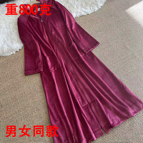 长款出口天鹅绒睡裙拉链翻领口袋